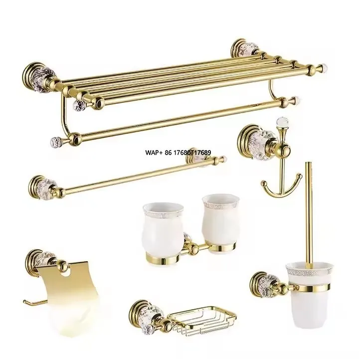 

European Style 7 Pieces Golden Crystal Washroom Toilet Hardware Set Bathroom Accessory Set