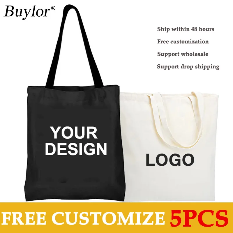 Buylor 5PCS Customized Canvas Bags Women DIY Your Logo Print Original Design Tote Bag Personalized Custom Name Gift Shopper Bags