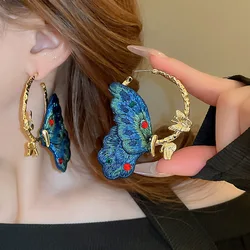 Embroidered Blue Butterfly Rhinestones Dangle Earrings Personalized Middle Ages Style High-end Exquisite Light Luxurious Earring