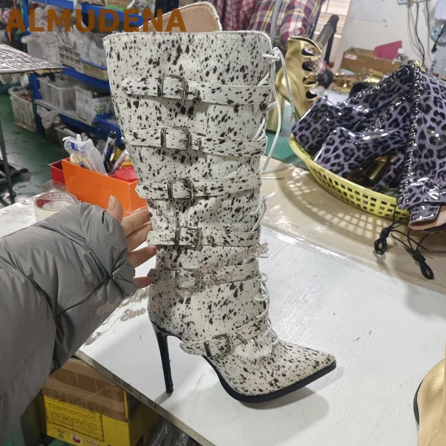ALMUDENA White Black Horsehair Spots Knee High Boots Cow Skin Pattern Thin High Heel Lace-Up Shoes Fall Winter Dress Footwear