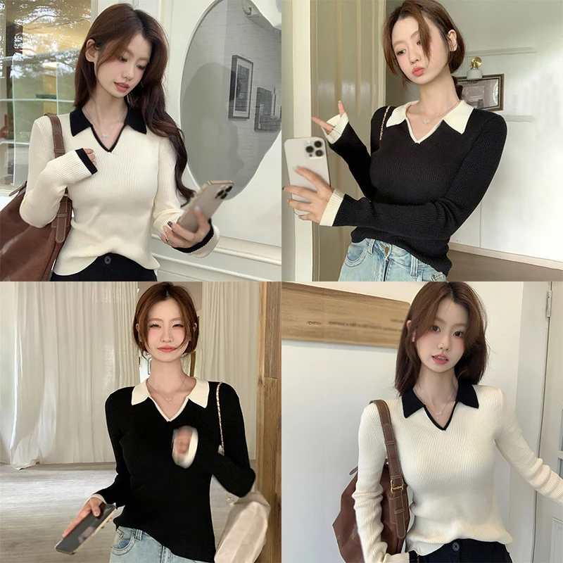 Women\'s Knitted Top Turndown Collar Korean Version Contrasting Colors Casual Fashion Simplicity Knitted Long Sleeves