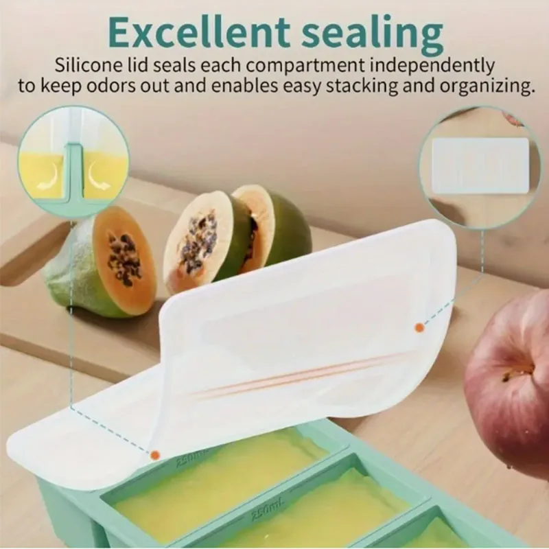 1pc Silicone Freezer Tray Soup 4 Cubes Storage Box Food Container Freezing Molds With Lid Frozen Packaging Box 4 Cells Organizer