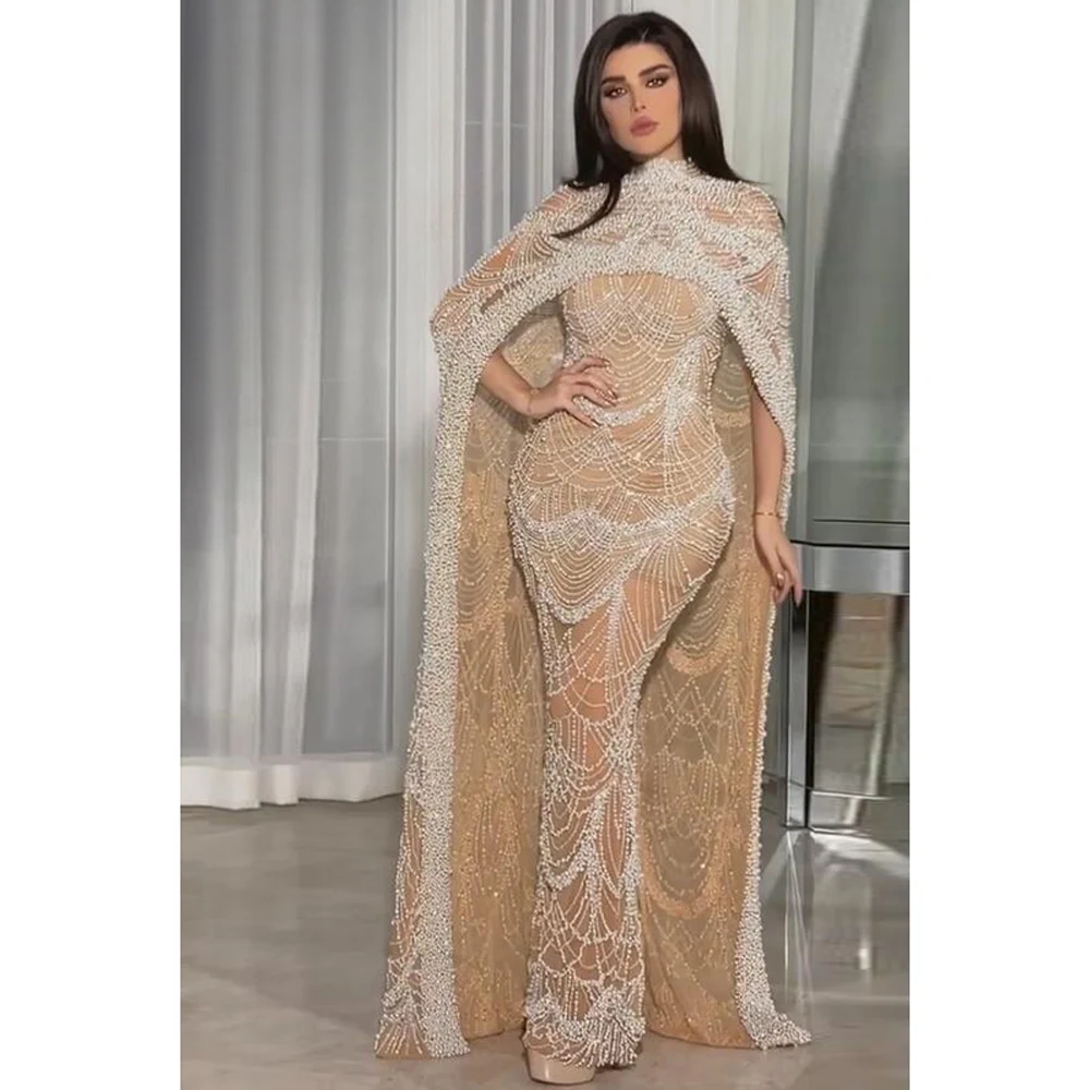 Luxury Pearls Dubai Champagne Evening Dresses With Cape 2023 New Arabic Women Mermaid Wedding Party Prom Gown Robe De Soiree