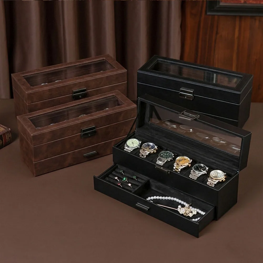 

Органайзер для часов из искусственной кожи на 6 слотов с выдвижным многофункциональным отсеком-витриной для мужских наручных часов и ювелирных украшений, подарочный набор