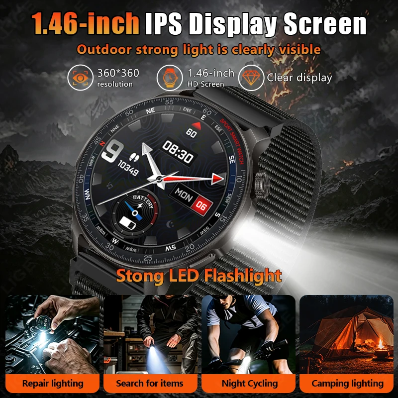 LIGE Fashion 1000mAh Large Battery Smart Watch Men Bluetooth Call Sports Health Monitor Waterproof Flashlight 1.46