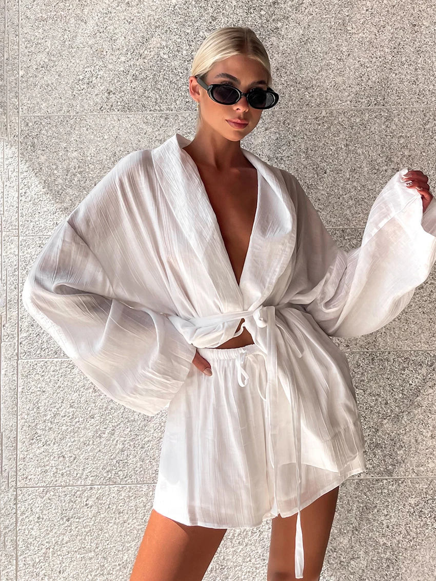 Marthaqiqi White Women Nightgown Suit Long Sleeve Robe Turn-Down Collar Bathrobe Lace Up Pajama Shorts Casual Ladies Nightie Set