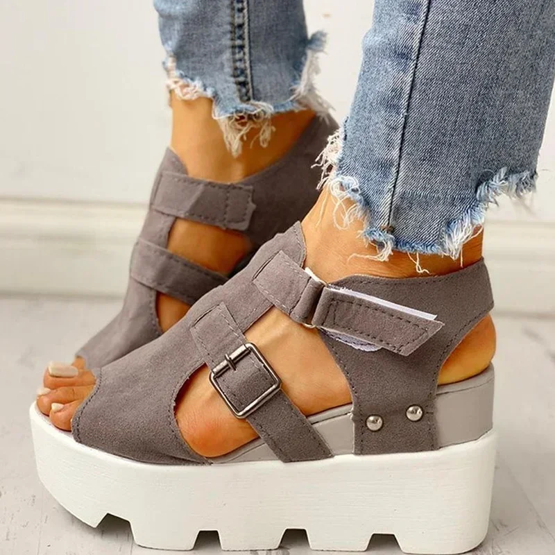 Women Summer Sandals Wedges Heel Black White Casual Designer Shoes Footwear Buckle Strap Open Toe Platform Sandel Women Shoes