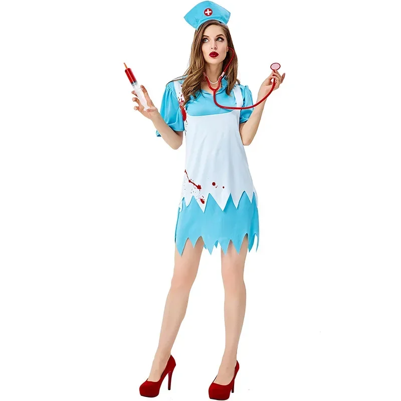 Scary Bloody Nurse Costume Cosplay For Adult Halloween Costume For Women Carnival Party Dress Up Suit