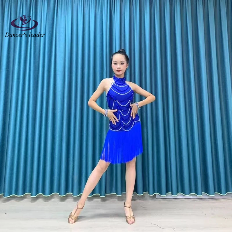 Latein-Tanzkleid, hochwertiger Kristallketten-Quastenrock, professionelle Tango-Kleidung für Kinder und Mädchen mit Strasssteinen