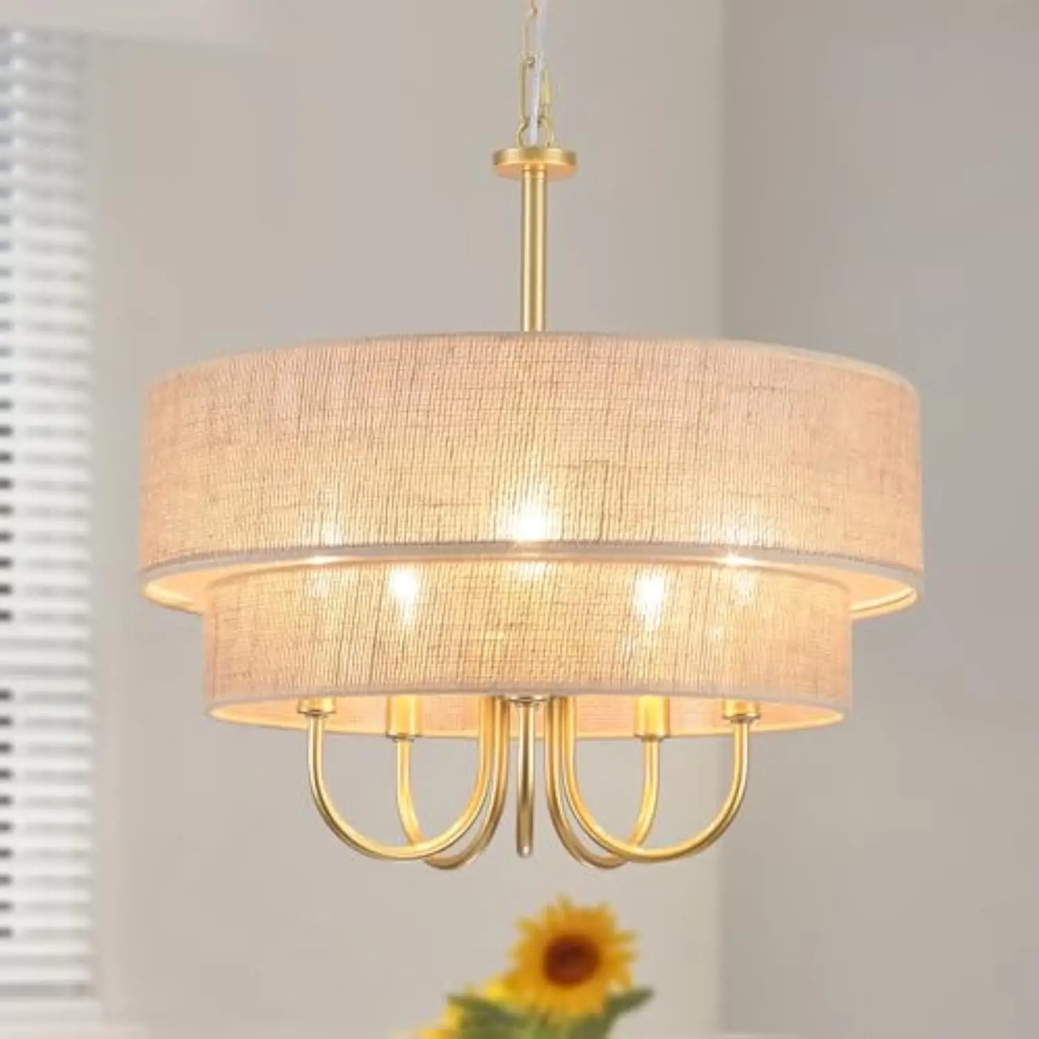 

18'' Boho Rattan Chandeliers for Dining Room, 5-Light Farmhouse Rattan Pendant Light with 2-Layer Hand-Woven Shade Gold Drum Ch