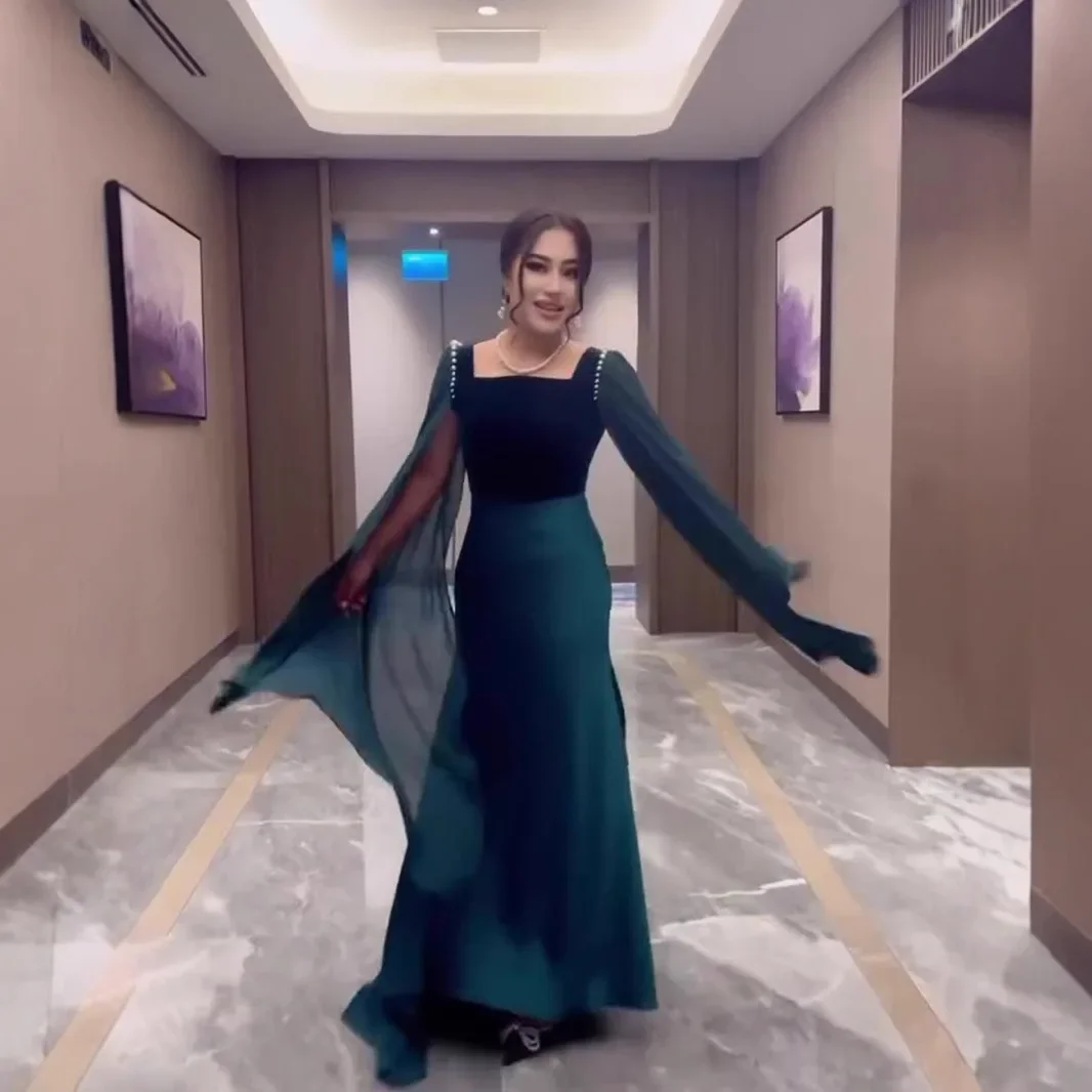 European and American Cross border 2025 New Fashion Satin Splicing Elegant Large Swing Sleeve Pearl Long Slimming Party Dress