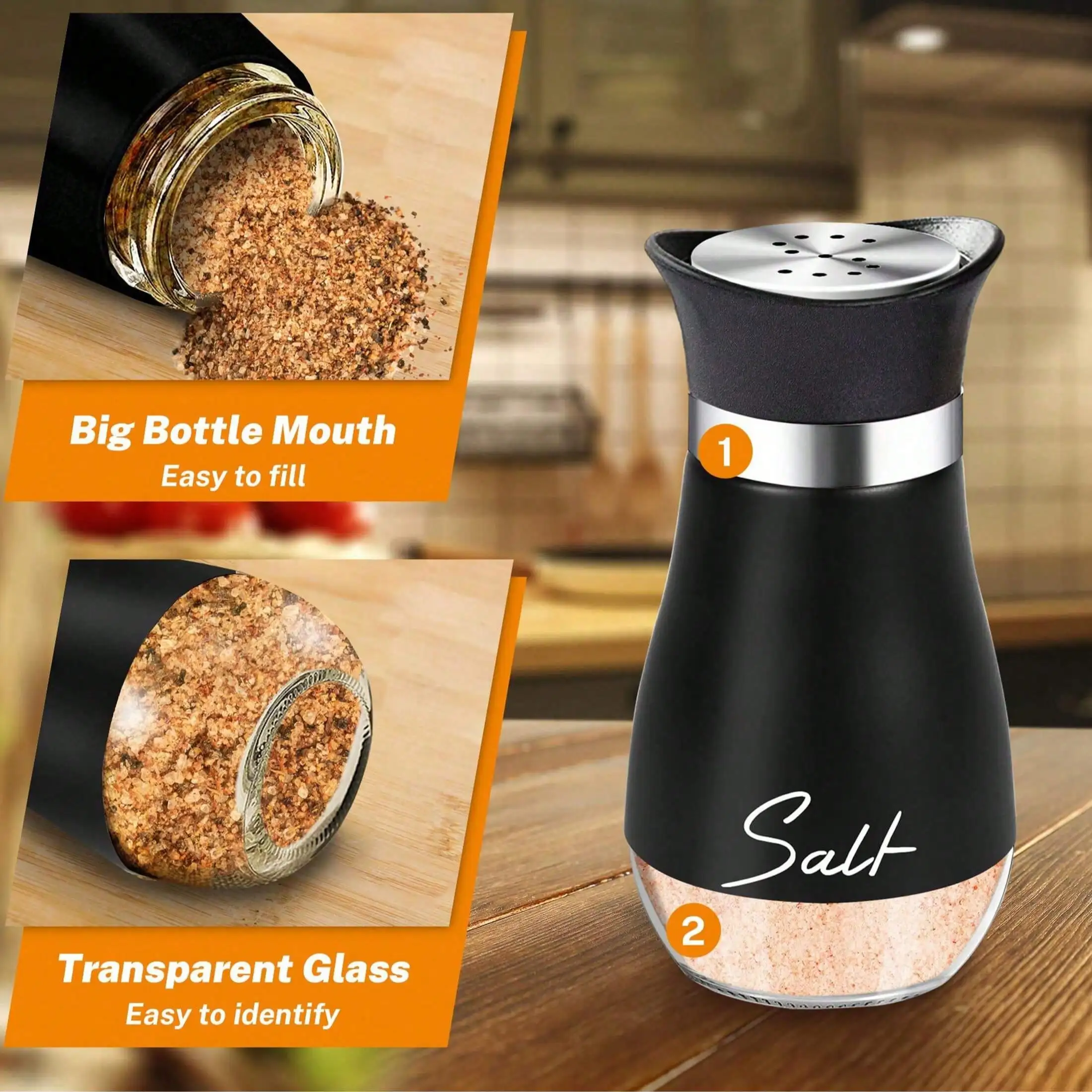 2Pcs Salt And Pepper Shaker Set Visible Seasoning Bottle Rotatable Spice Jars for Kitchen Countertop