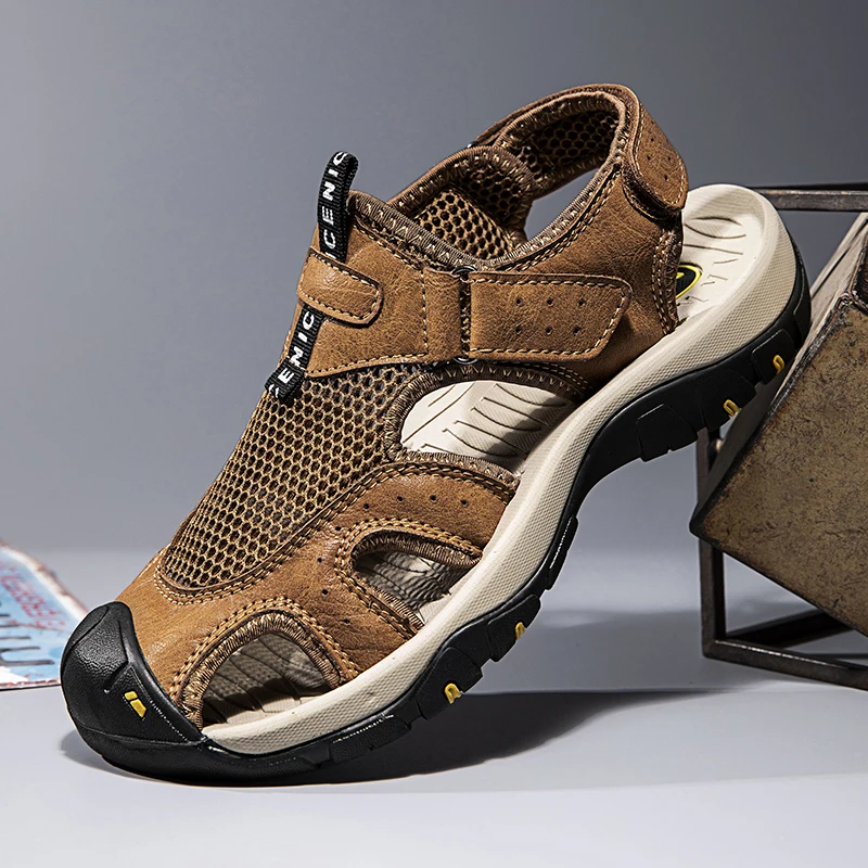 Summer Men's Breathable Mesh Upper Casual Sandals Outdoor Leather Shoes Beach Roman Style Mens Footwear
