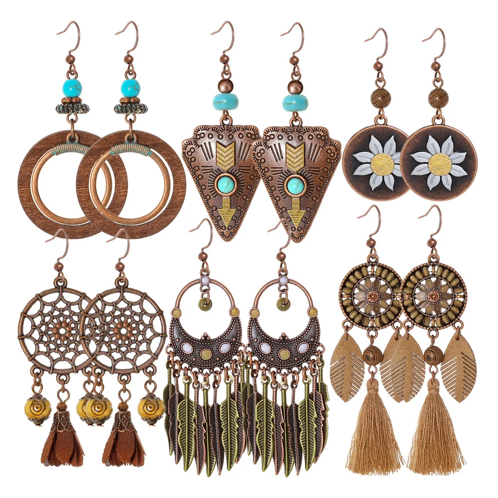 Vintage Fashion Round Triangle Earring Geometric Gold Color Beaded Flower Leaves Tassel Earrings for Women Wedding Charm Jewelry