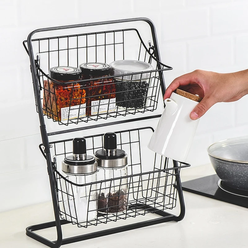 

Iron Storage Shelf Rack,For Kitchen Seasoning Organizer Fruits Holder,Double Layer Storage Basket For Bathroom