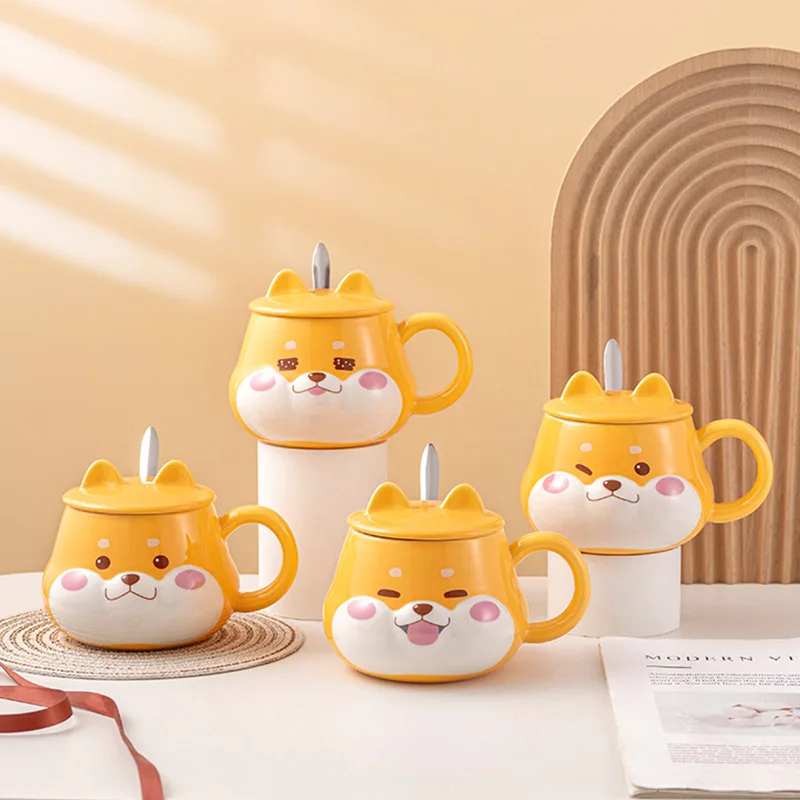 Creative Shiba Inu Ceramic Mug with Lid Cute Household Breakfast Mugs Office Coffee Cup with Lid Couple Water Cups Drinkware