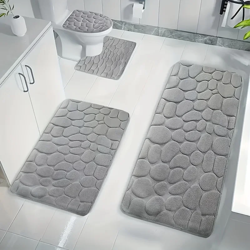 3-Piece Embossed Quick-Dry Bath Mat Set, Non-Slip Soft Memory Foam Bathroom Carpet, Polyester Anti-Fatigue Bath Rug for Floor