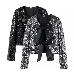 Fashion Sequin Bow Lacing Up Coat Women Long Sleeve Jackets Outwear Warm Winter Lady Coat Winter Evening Party Streetwear Tops