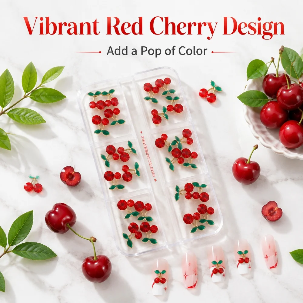 24Pcs Sweet Girl Cherry Nail Decor Sparkly Crystal Red Cherry Metal Leaf Charms Box Set For Daily & Dating Nail Manicure