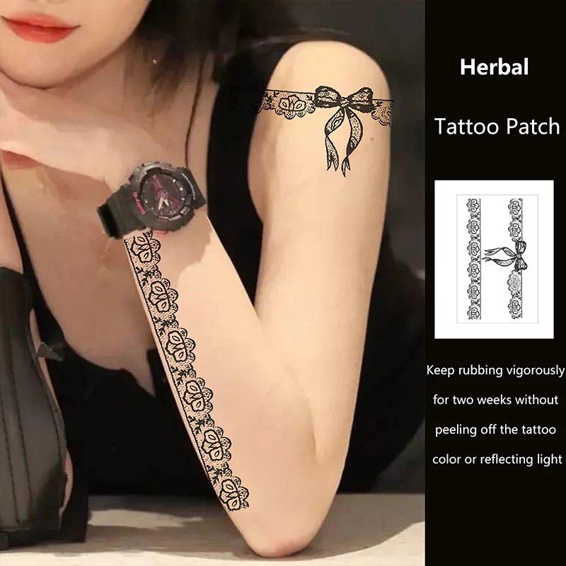 Lace Bow Herbal Juice Tattoo Stickers Half Arm Chest Waterproof Temporary Tattoos Fake Sexy Collarbone Hotwife