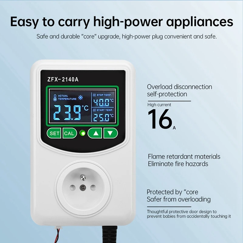 ZFX-2140A High-Power LCD Digital Display Temperature Controller Socket Thermostat Sensor Probe EU Plug