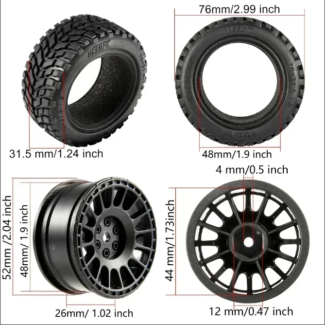 4PCS NEEBRC 1.9 pollici 75mm Pneumatici 12mm Mozzi Esagonali Ruote per 1/14 1/16 1/10 RC Auto Da Corsa Wltoys 144010 144001   Scx10 Traxxas Trx-4