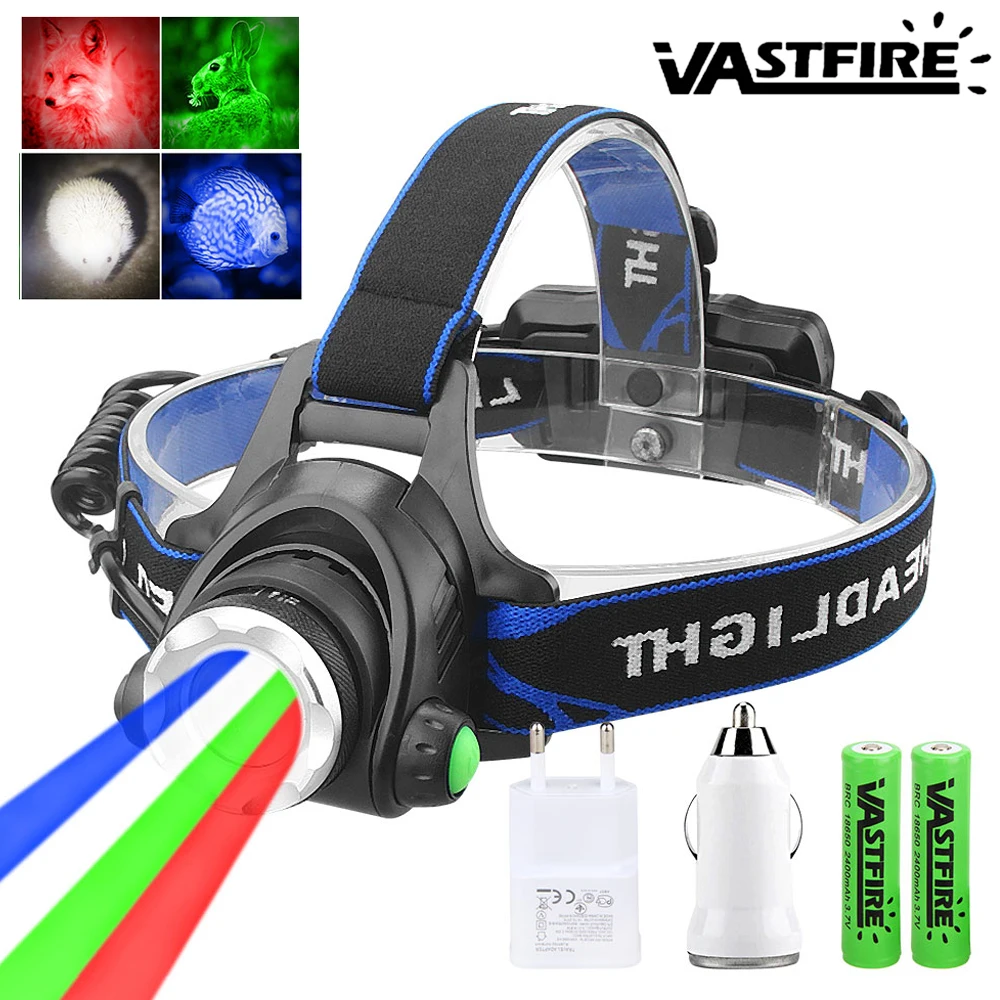 4in1 LED Headlamp Hunting Zoomable Red/green/blue/white Headlight Fishing Head Torch Head Lamp adjustable For Hunting Flashlight