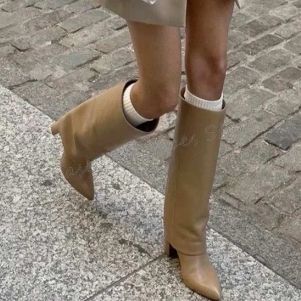 

Apricot Pointed Toe Slip on Boots Matte Leather Chunky High Heels High Heel Shoes for Women Heels 2025 New Zapatos Para Mujere