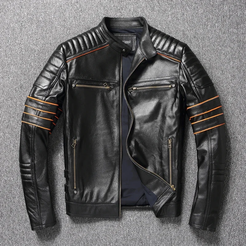 shipping,sales.Black YR!Free Mens genuine leather jacket.cowhide coat.short slim skull motor biker jackets,plus size.quality