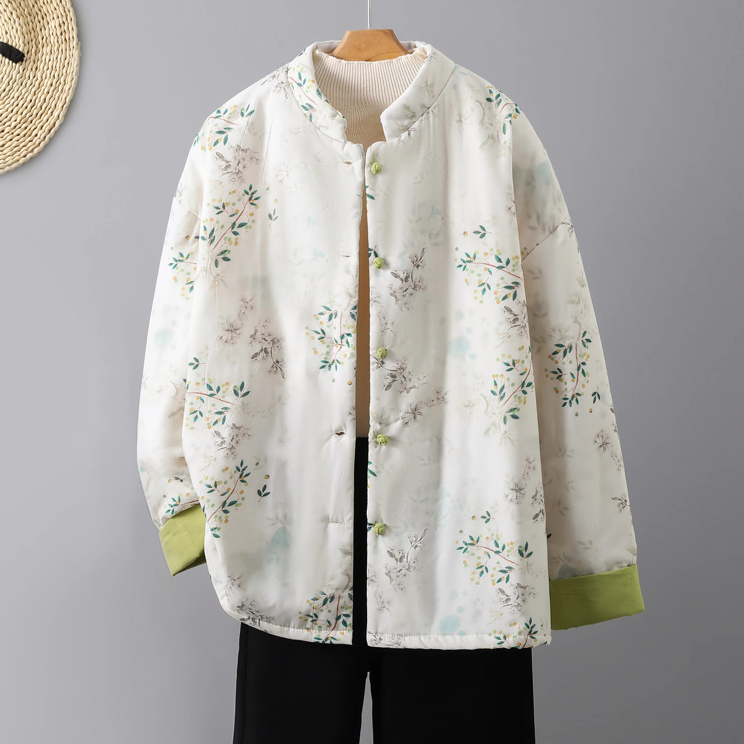 

High-End Chinese Style Stand Collar Cotton Linen Print Jacket Warm Cotton Coat Artistic Retro Small Cotton Padded Vest