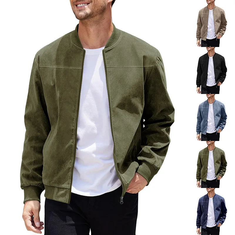 UNITIM Spring Vintage Long Sleeve Cardigan Jacket Male Suede Bomber Outwear Solid Stand Collar Zipper Baseball Jacket Men Coats
