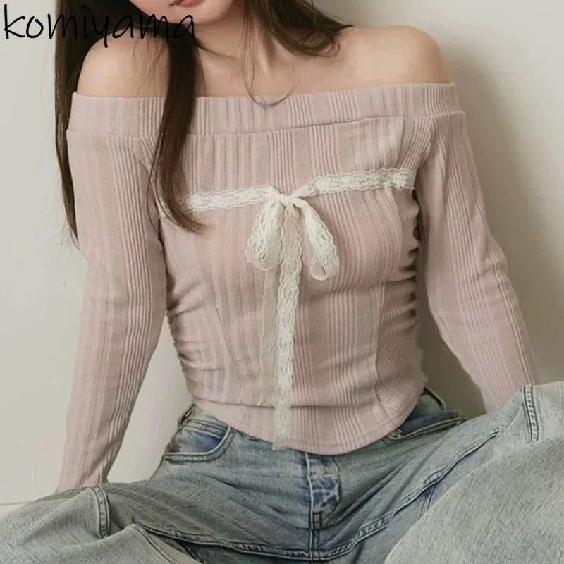 Lace Bandage Bow Sweater Slash Neck Long Sleeve Outerwears Off Shoulder Sueter Japan Ropa Mujer Pullover Tops Pull Femmes