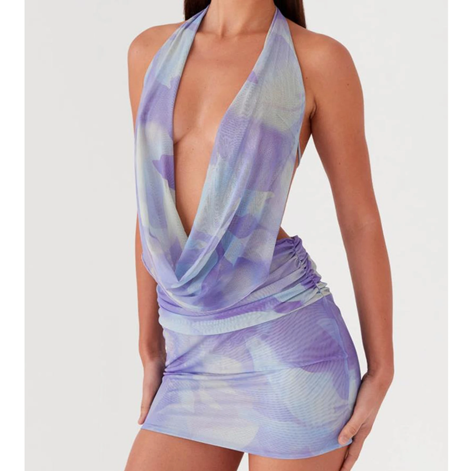 2025 セクシーな女性の夏のデザイナーホルターひだドレスヒョウ/フラワープリントバックレススリムミニボディコンドレスパーティー用