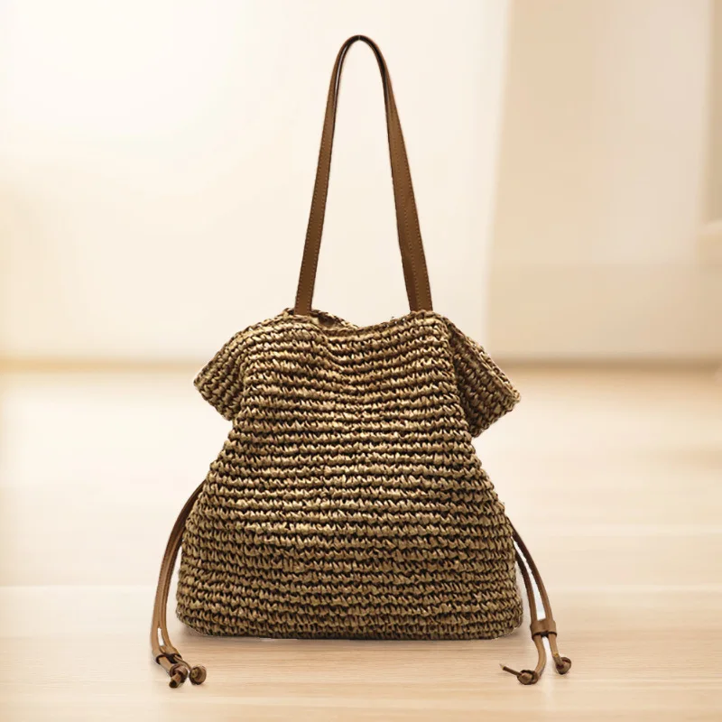 Summer Casual Drawstring Straw Bag Large Capacity Hand Knitting Shoulder Bag Bali Bohemia Vacation Beach Tote Bag New Arrivals