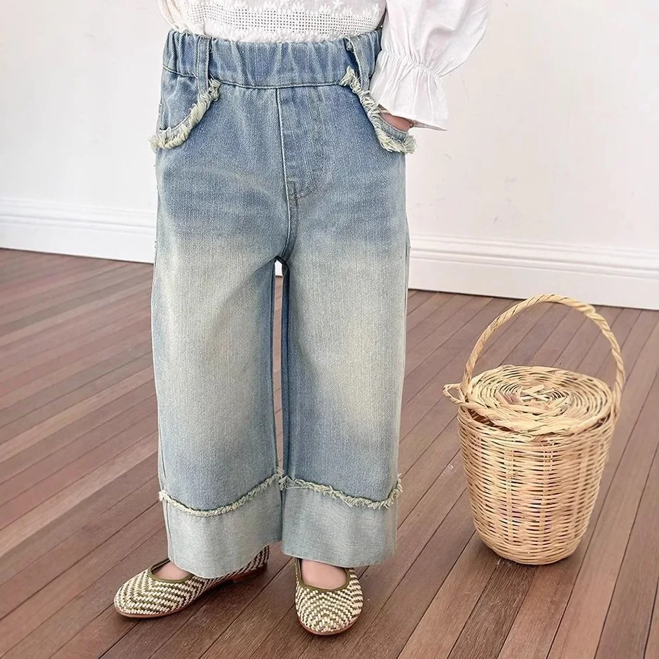 

2025 Autumn Children Girl Straight Pant Loose Elastic Waist Infant Baby Girls Wide Leg Pant Casual Versatile Toddler Girls Jeans