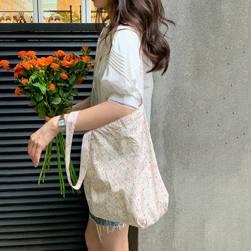 Sac fourre-tout à fleurs d'été, grande capacité, sac décontracté, sac en toile rose rétro