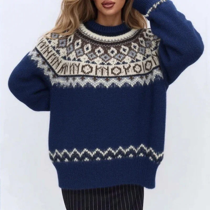 New Autumn Winter O Neck Long Sleeve Knitted Sweater Women Casual Vintage Printed Sweaters For Women Fashion Warm Jumper