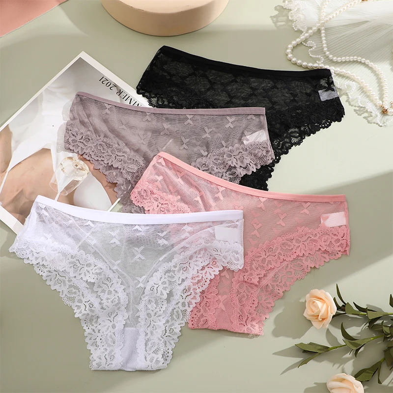 3Pcs Lace Brazilian pants For Women Low Rise Soft Intimates Transparent Thong Sexy Panties Ladies Comfortable Underpants Girls