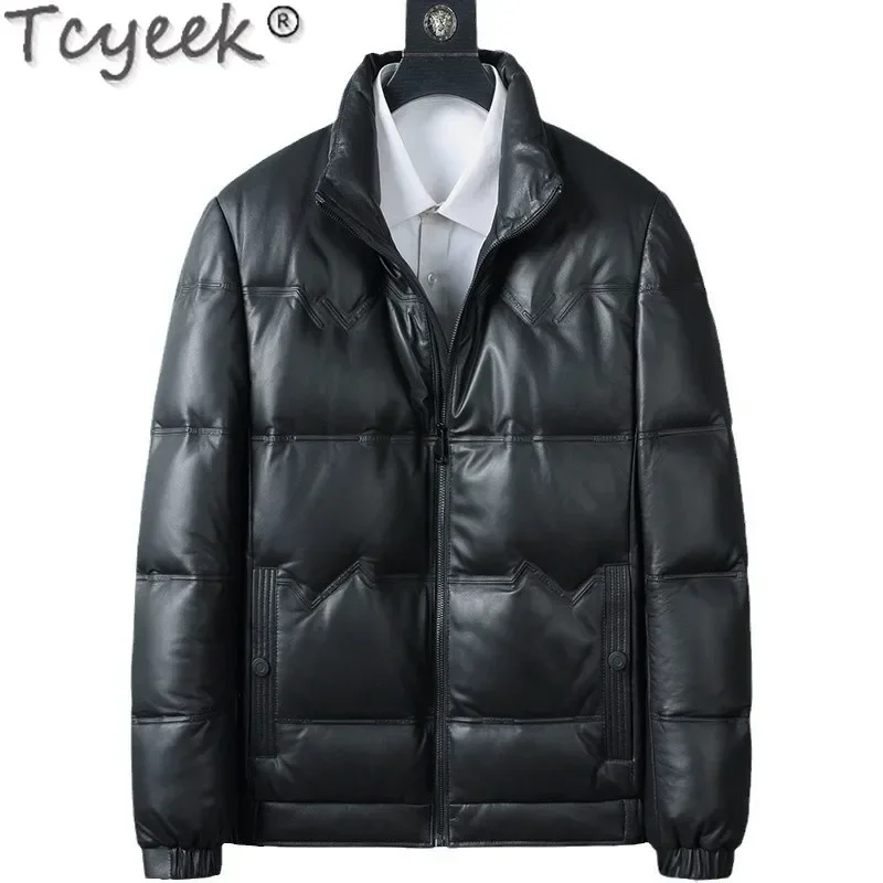 Tcyeek, chaquetas de invierno de cuero genuino para hombre, abrigo cálido de plumas de ganso, ropa para hombre, abrigos de piel de oveja de capa superior, chaquetas 2024