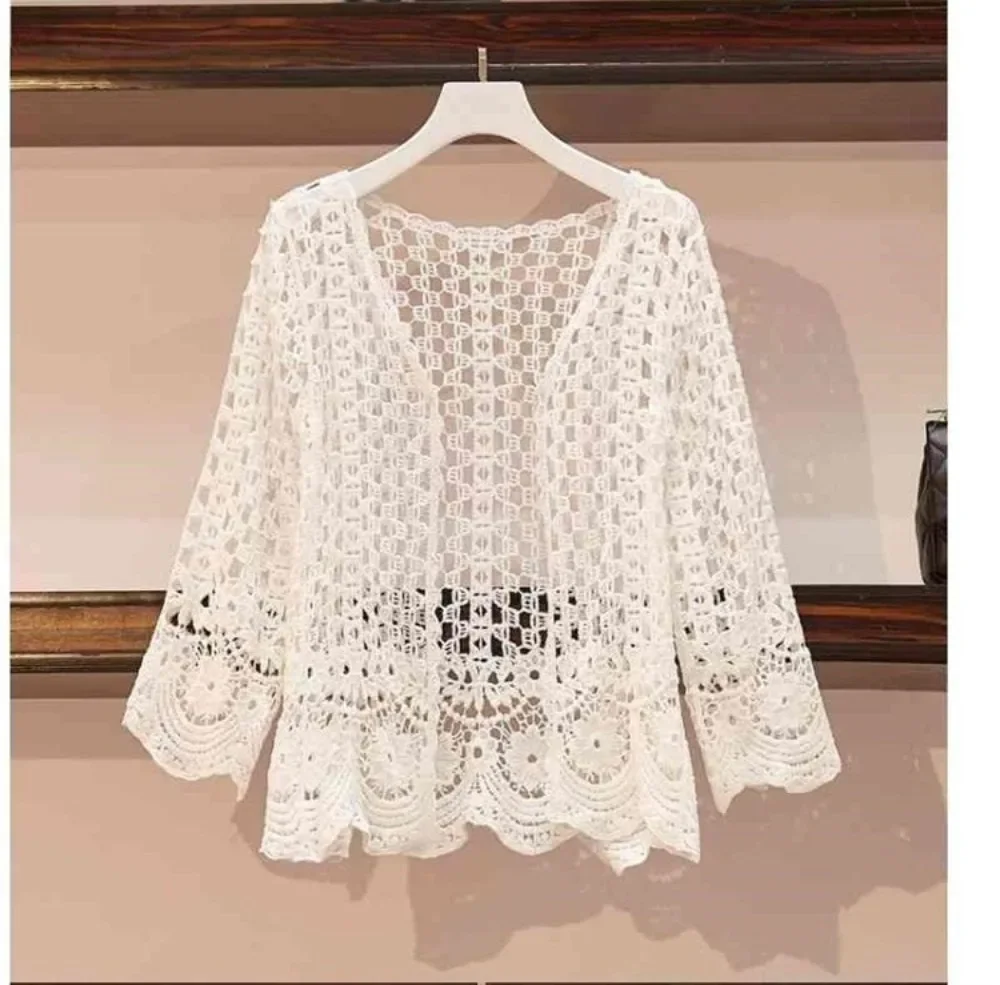 Thin Ethnic Style Embroidery Cardigan Harajuku Hollowed Out Coat Women Clothing Basic Jacket Fashion Streetwear Clothes Casual