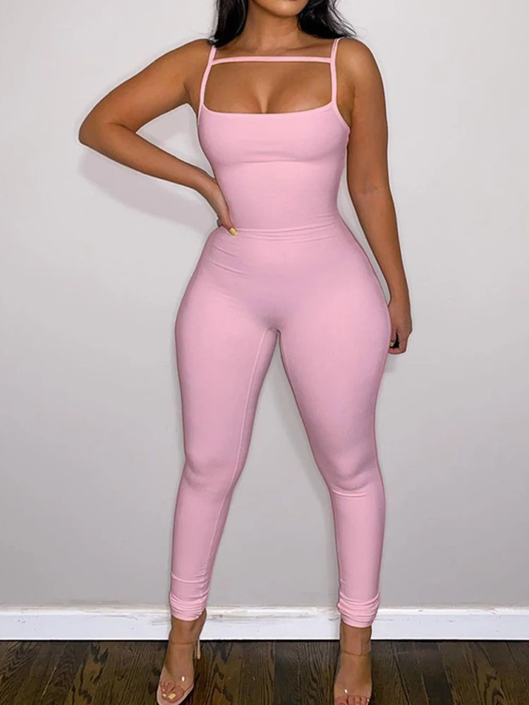 

Light Color Fashion Workout Outgoing Casual Sleeveless Rompers Women Summer Sling Hollow Backless High-waist Tight Rib Jumpsuits