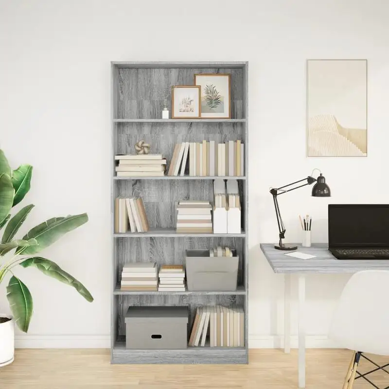 Bibliothèque Sonoma Gris 80 x 24 x 176 cm en bois d'ingénierie massif, grand espace de rangement à compartiments ouverts, étagère décorative moderne pour salon, chambre, couloir, bureau, maison, facile à assembler