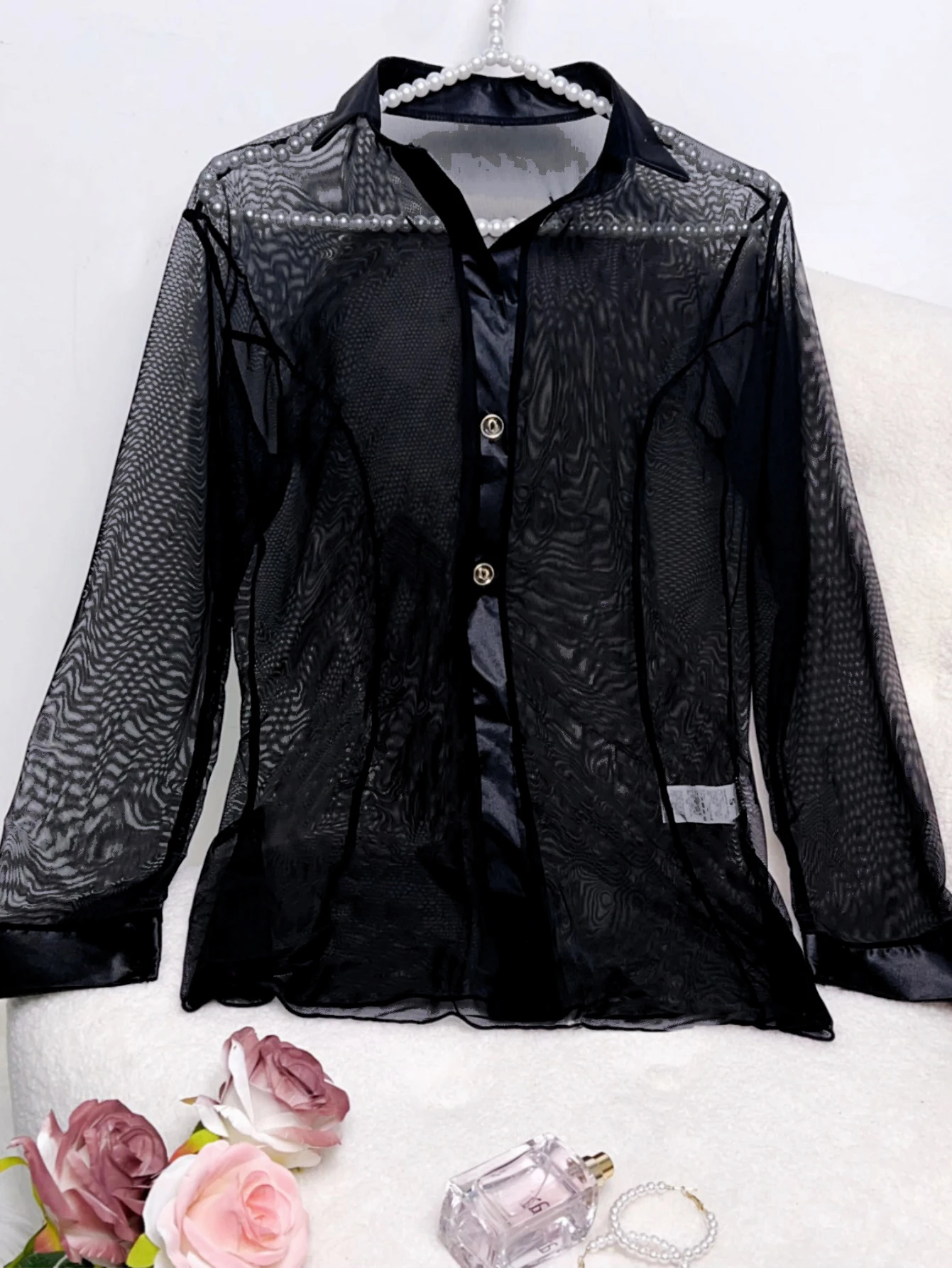 Women Sheer Mesh Shirt, Long Sleeve Lapel Button Down See Through Blouse with Satin Binding Trim，sexy sleepwear，sexy lingerie