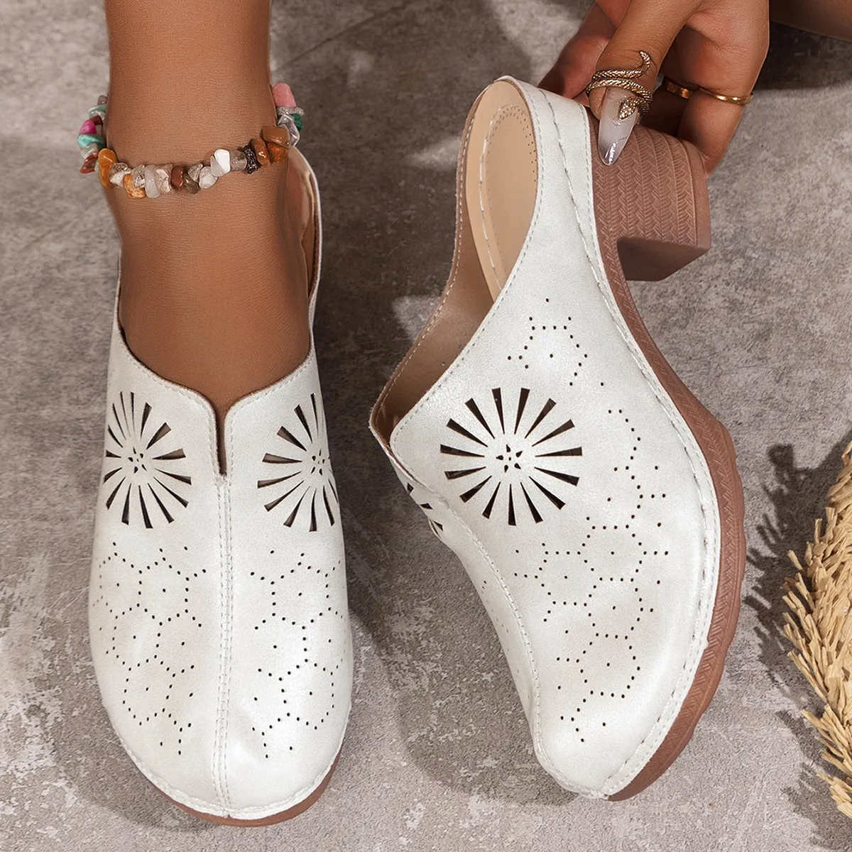 HKDQ Women's Mules Round Toe Mid Block Heel Leather-Look Upper Slip-On Casual Clog Shoes Cutout Perforated Contrast Stitching