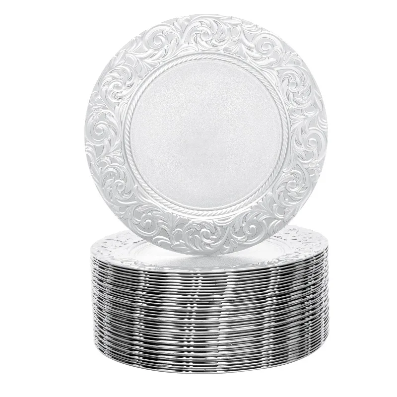 100 Pcs Silver Round Charger Plates Set, Reusable Serving Plates Disposable Platters for Wedding Party Banquets Picnics