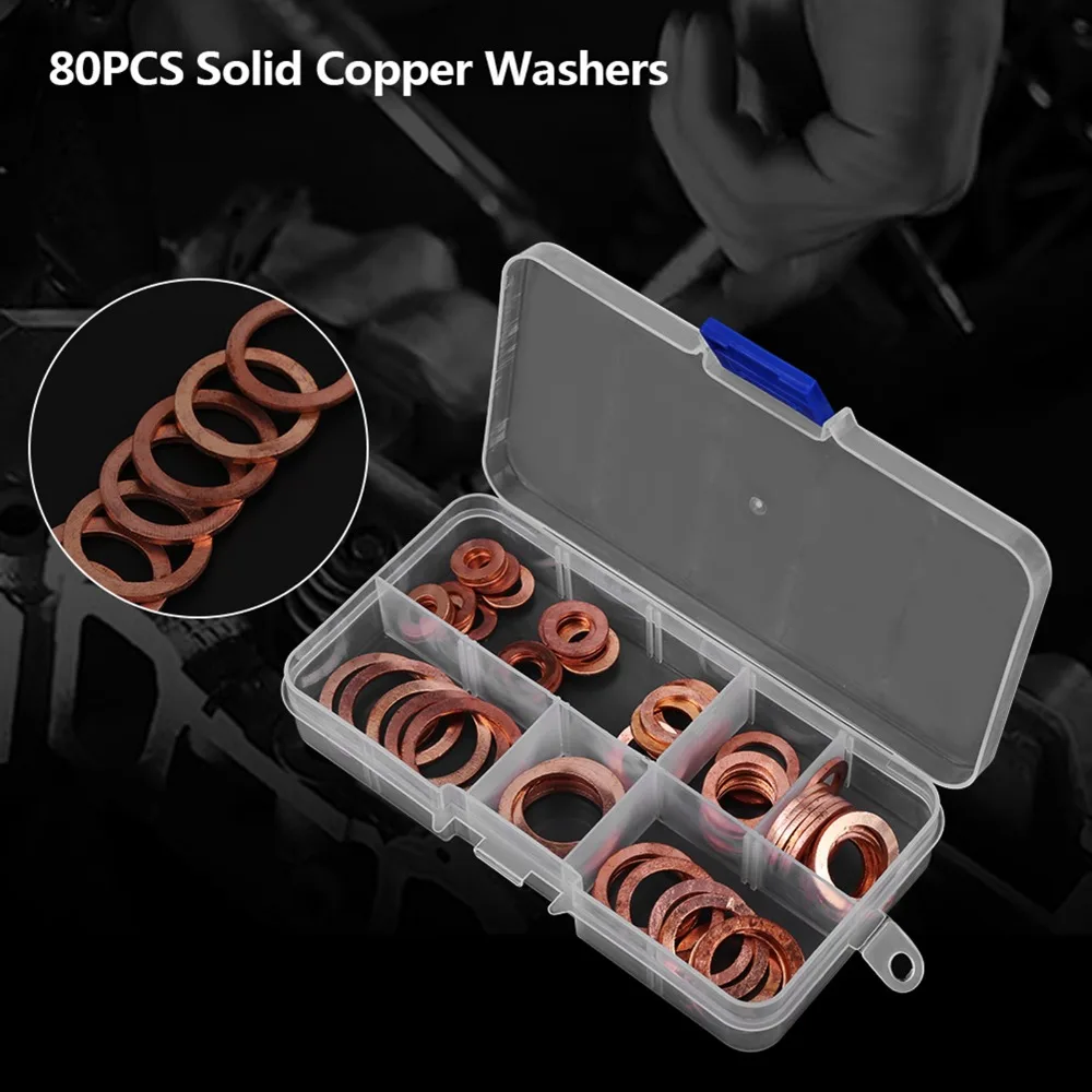 80PCS Multi-Use Copper Sump Plug Washers Storage Box Round Copper Washers Flat Ring Washers Generators