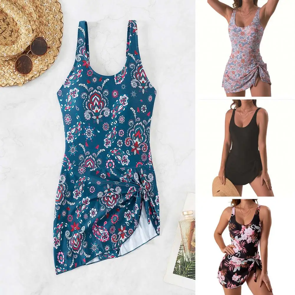 Padded Summer Swimming Dress Close-fitting Swimsuit Floral Print Swimming Dress with Side Knot Backless One-piece for Women