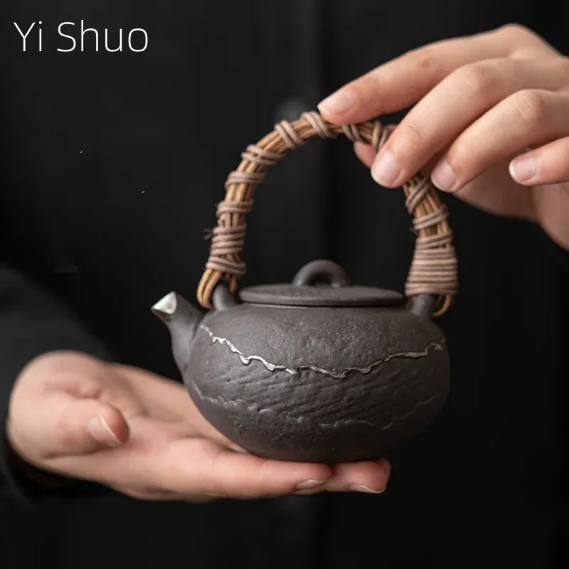 Empty Zhai Mugu Loop-Handled Teapot Retro Old Rock Clay Silver Gilded Handmade Kung Fu Ball Hole Filter Tea Kettle Tea Infuser