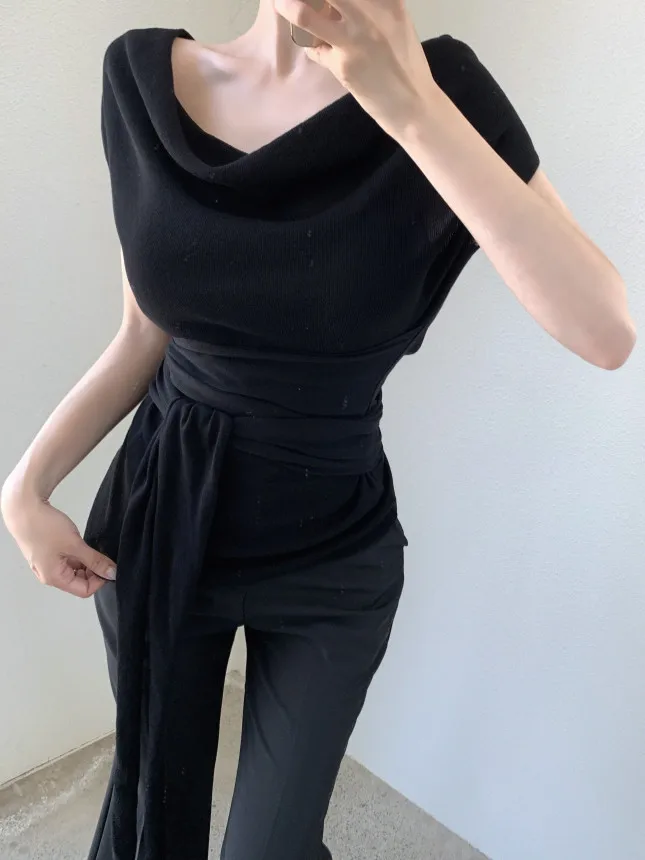 

Korean Sle Pure Desire Knitted Svel Top Women's Summer High-End Slim Fit Bunching Collar Tie Small irt