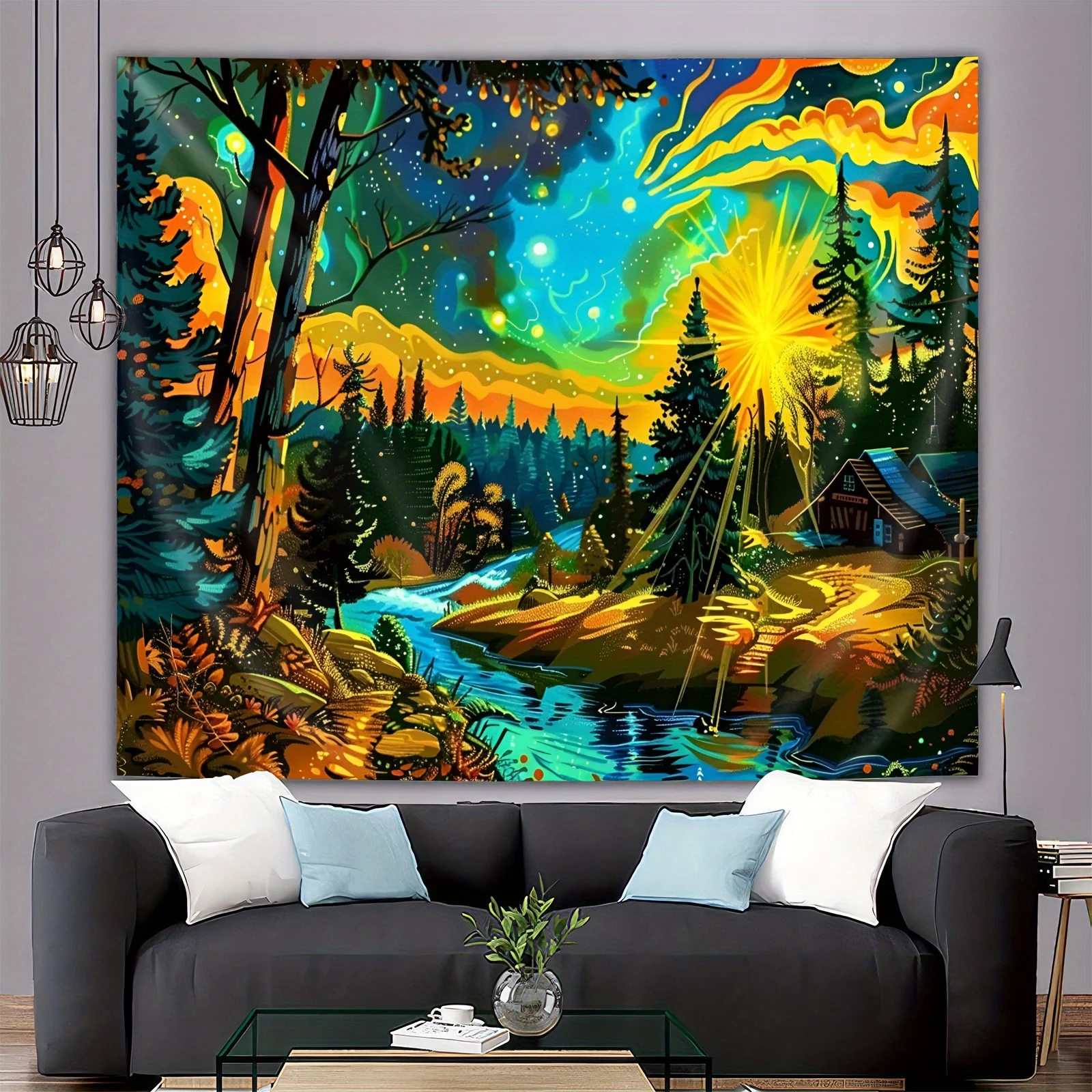 

«Зачарованный лесной гобелен — мистический пейзаж с Авророй Борелисом и звездным ночным небом для домашнего декора в стиле бохо»